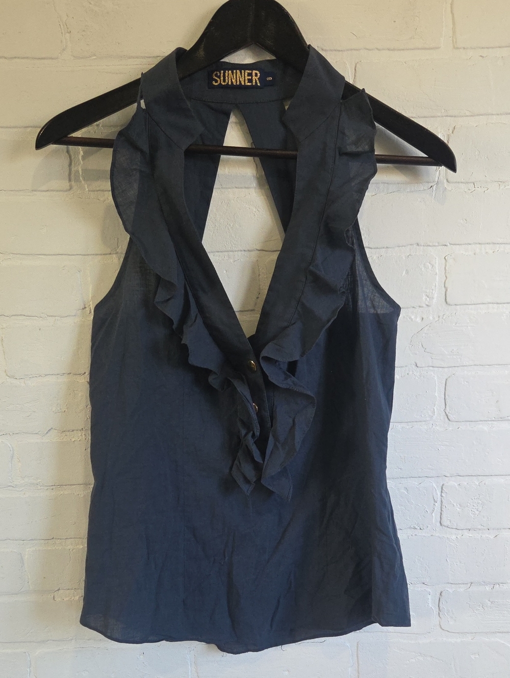 Navy Ruffle V-Neck Sleeveless Tank